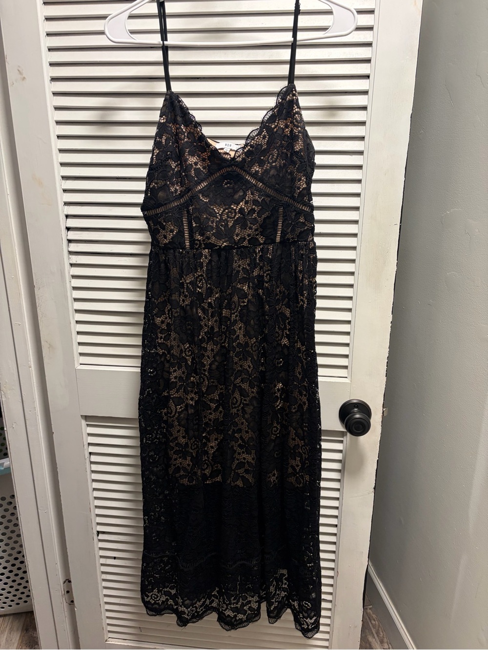 NSR. Black Lace Midi Slip Dress with Nude Underlay